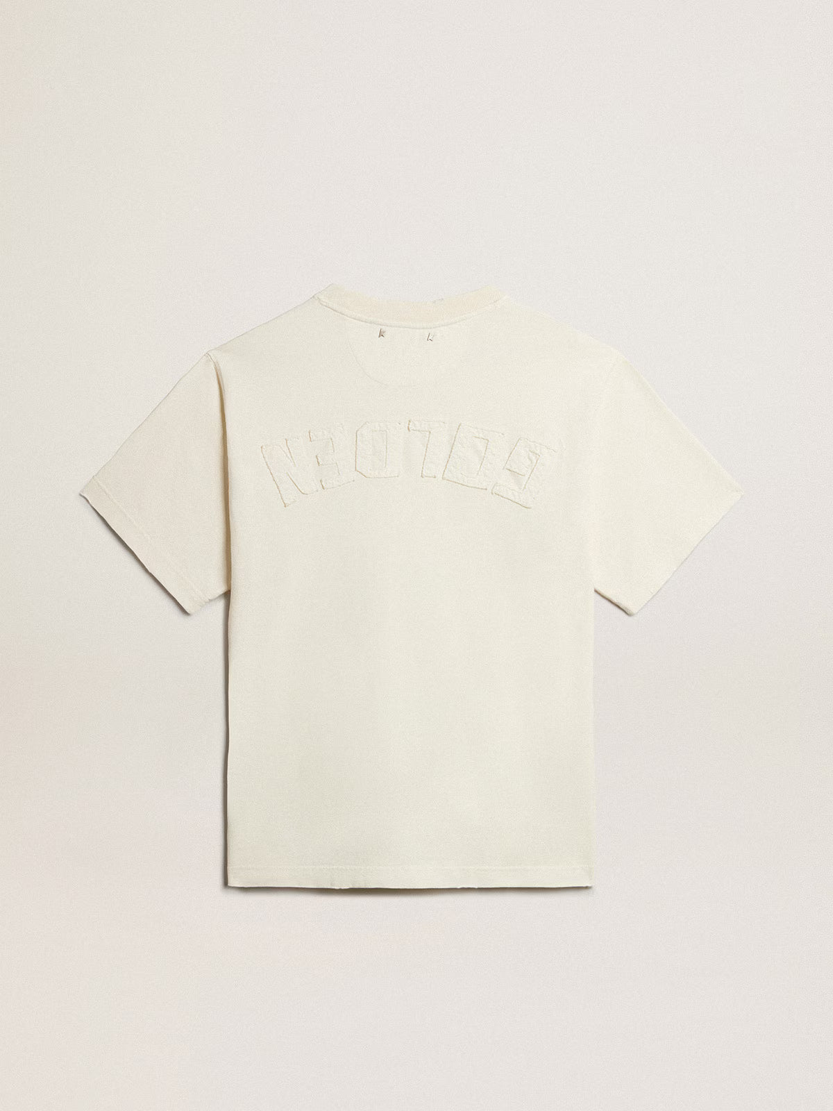 GOLDEN GOOSE - T-SHIRT IN AGED WHITE WITH REVERSE LOGO ON THE BACK