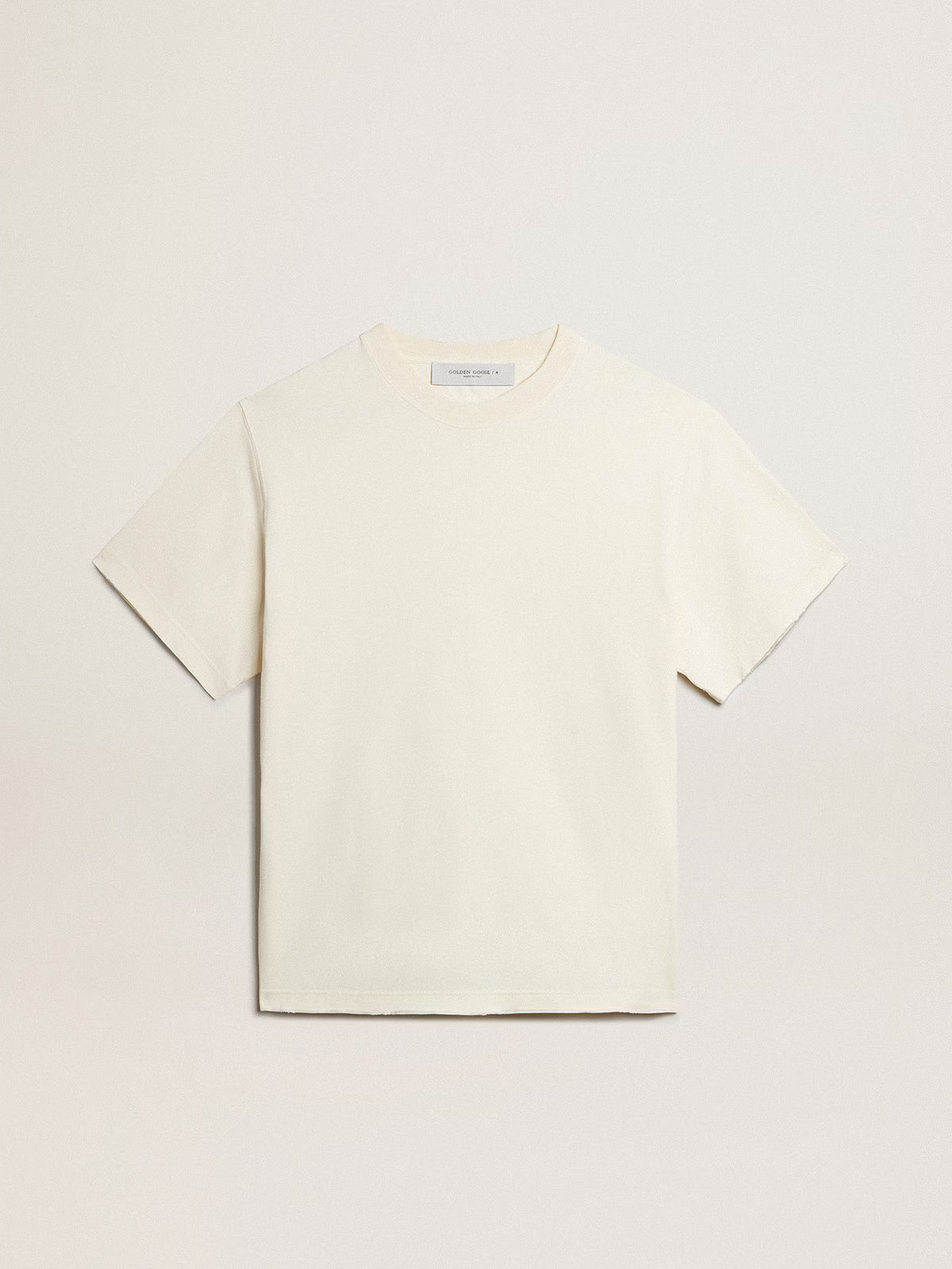 GOLDEN GOOSE - T-SHIRT IN AGED WHITE WITH REVERSE LOGO ON THE BACK