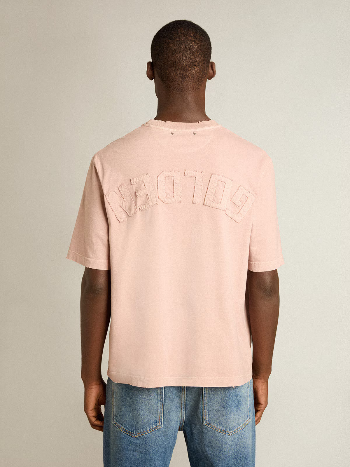 GOLDEN GOOSE - POWDER-PINK T-SHIRT WITH REVERSE LOGO ON THE BACK