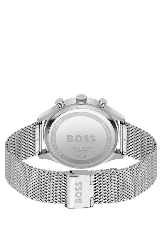 CHRONOGRAAF MET BLAUWE WIJZERPLAAT EN MESH POLSBAND
