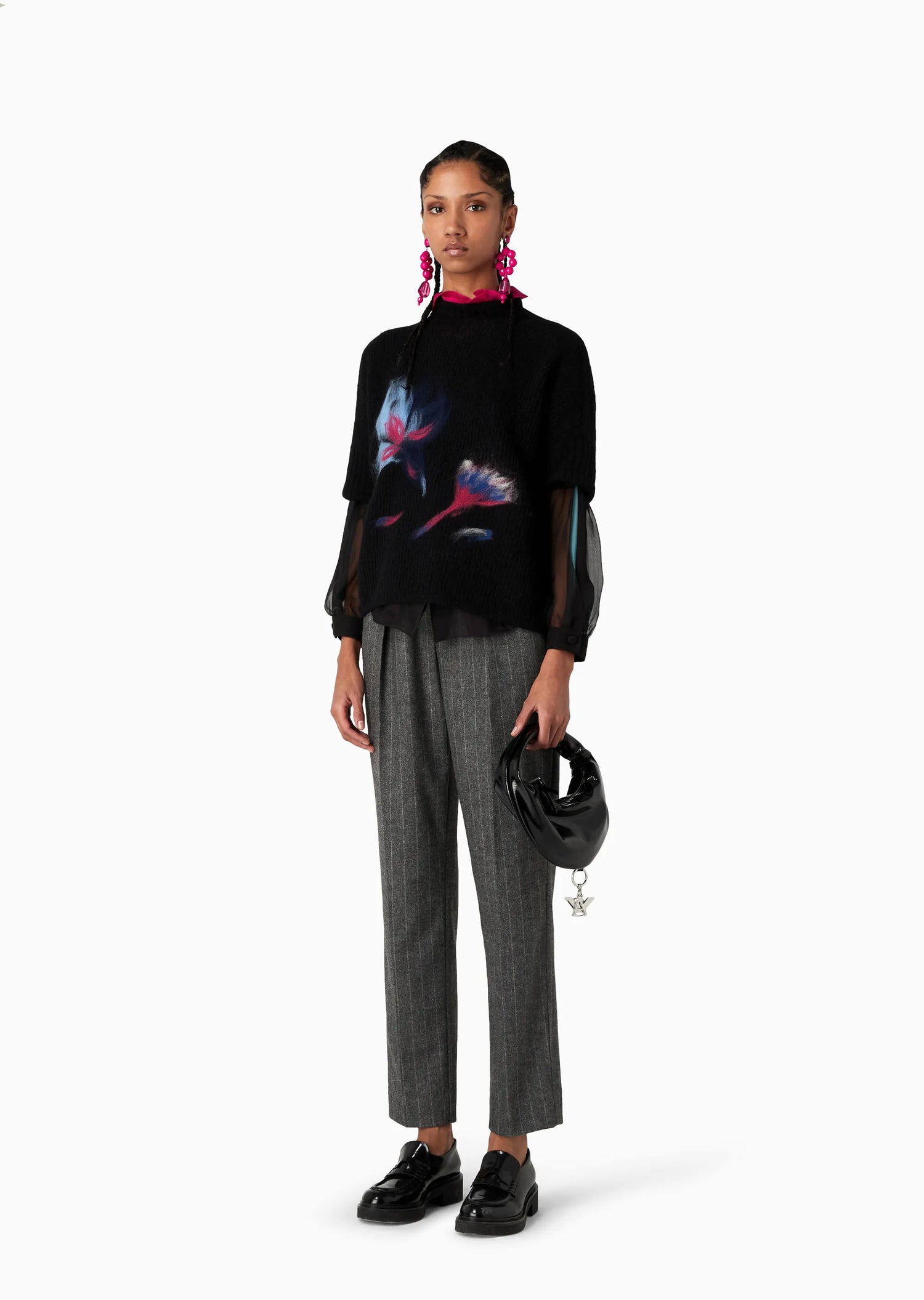 Ribbed turtleneck sweater in alpaca wool with seamless floral intarsia