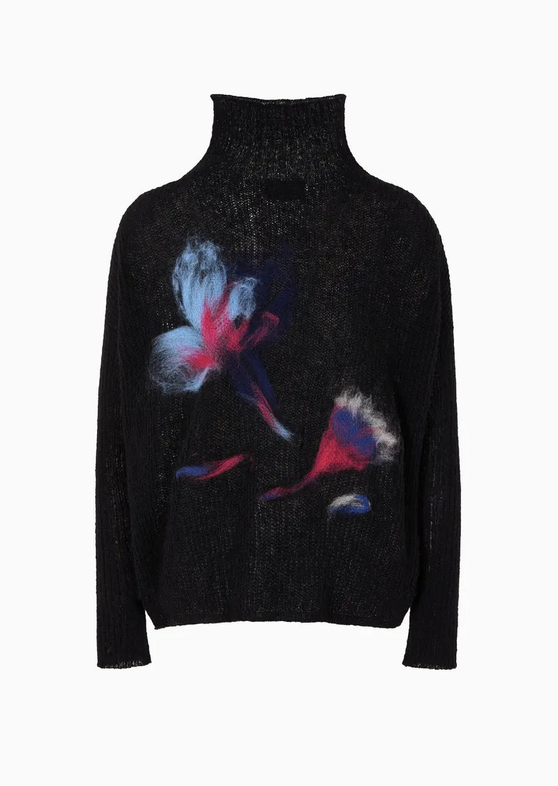 Ribbed turtleneck sweater in alpaca wool with seamless floral intarsia